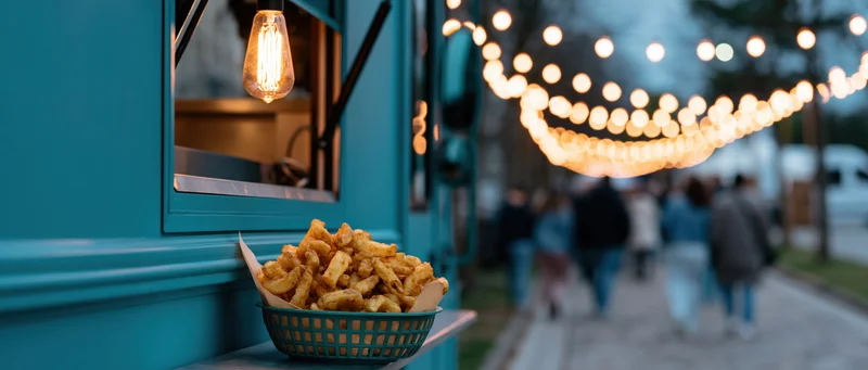 Curly fries in a basket on a teal food truck serving window at night with string lights and blurred people in the background