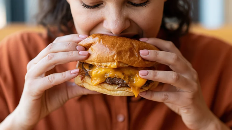 Woman biting into a thick cheeseburger with melted cheese, close-up view