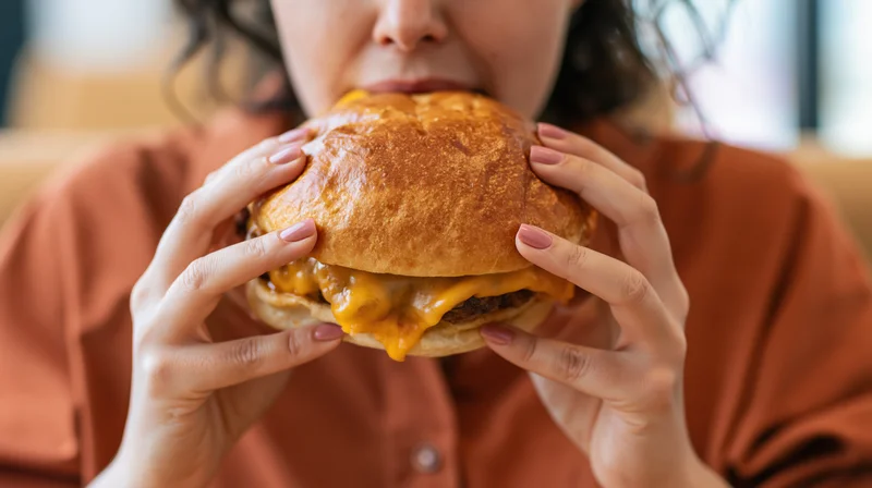 Woman biting into a thick cheeseburger with melted cheese, hands holding it, indoors