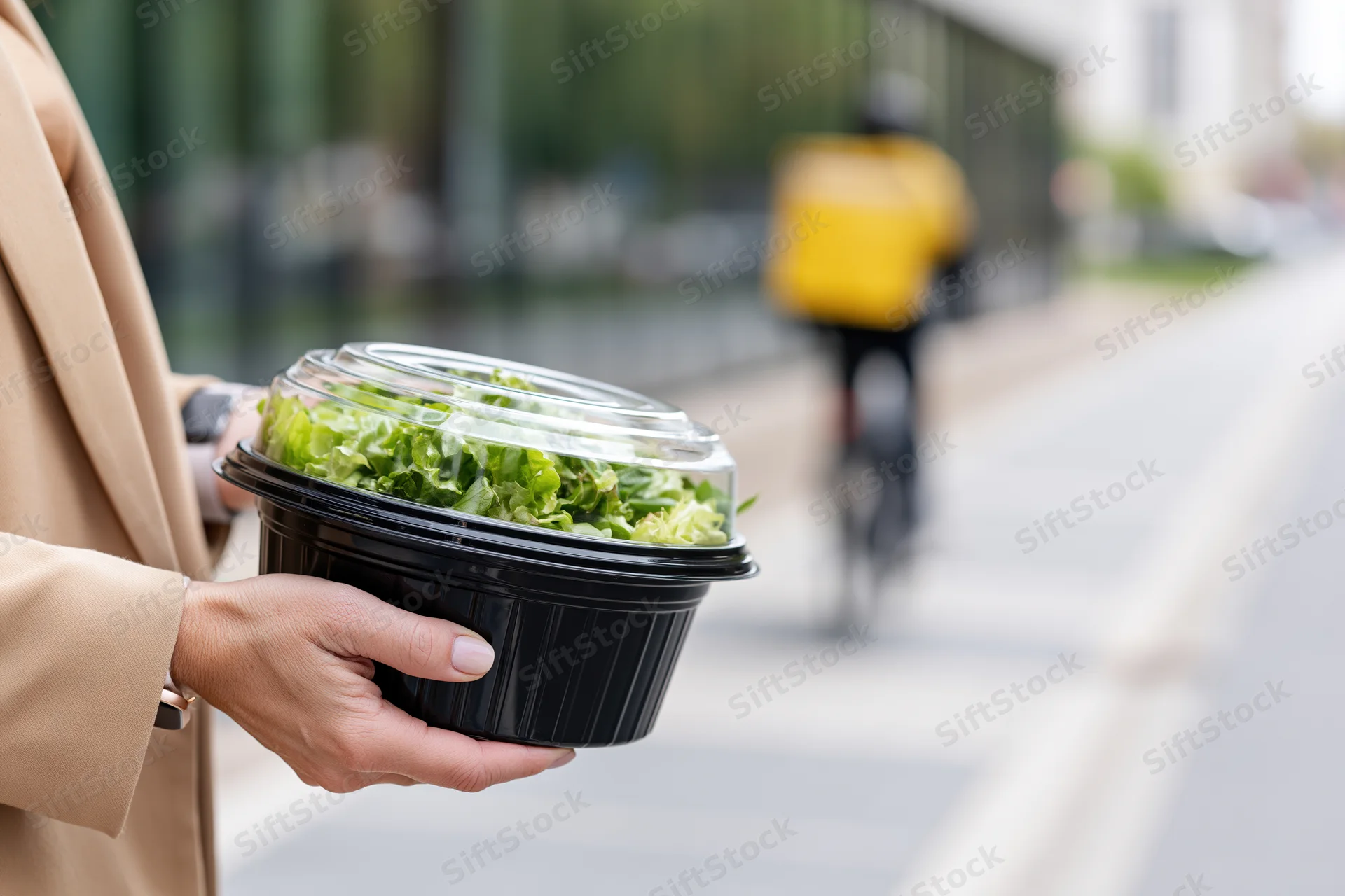 Woman holding a black plastic takeout container with salad on a city street with a delivery rider on bicycle in background