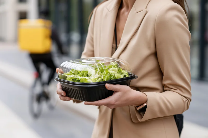 Woman holding a black plastic takeout container with salad on a city sidewalk