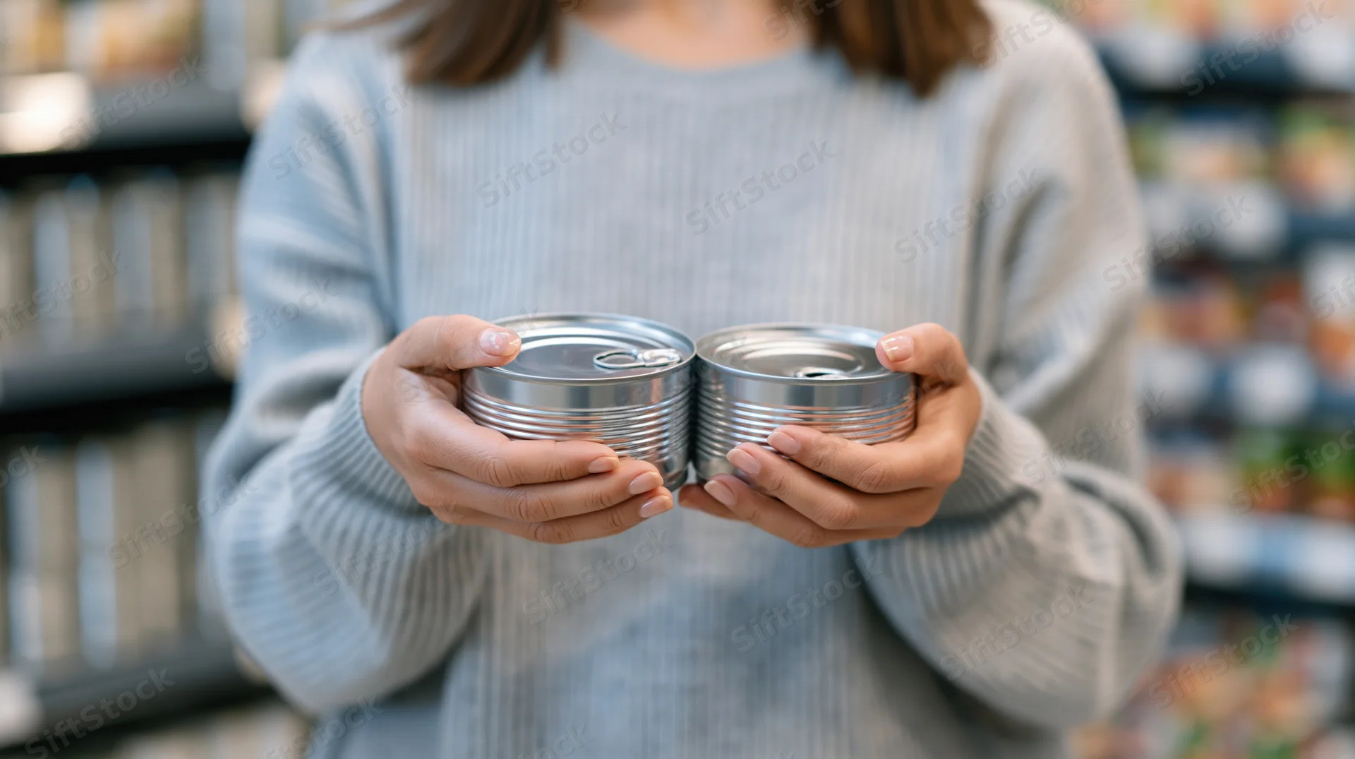 Woman holding two metal cans in a grocery store aisle for comparison