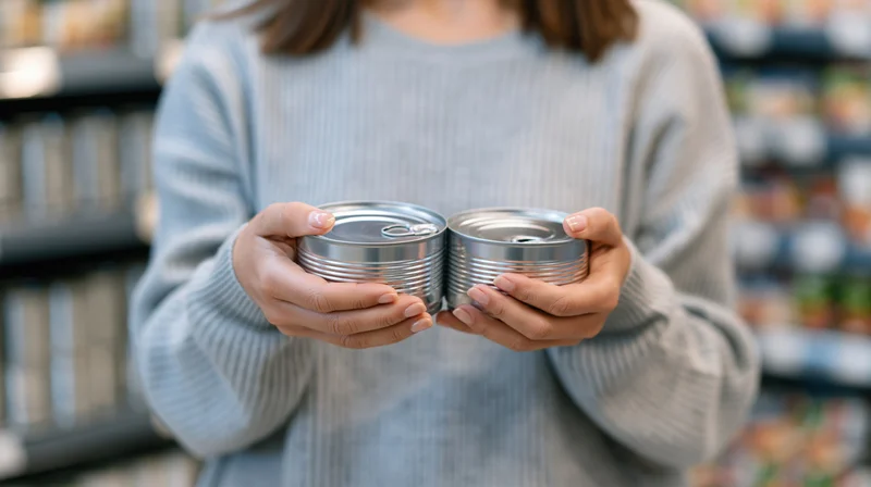 Woman holding two metal cans in a grocery store aisle for comparison