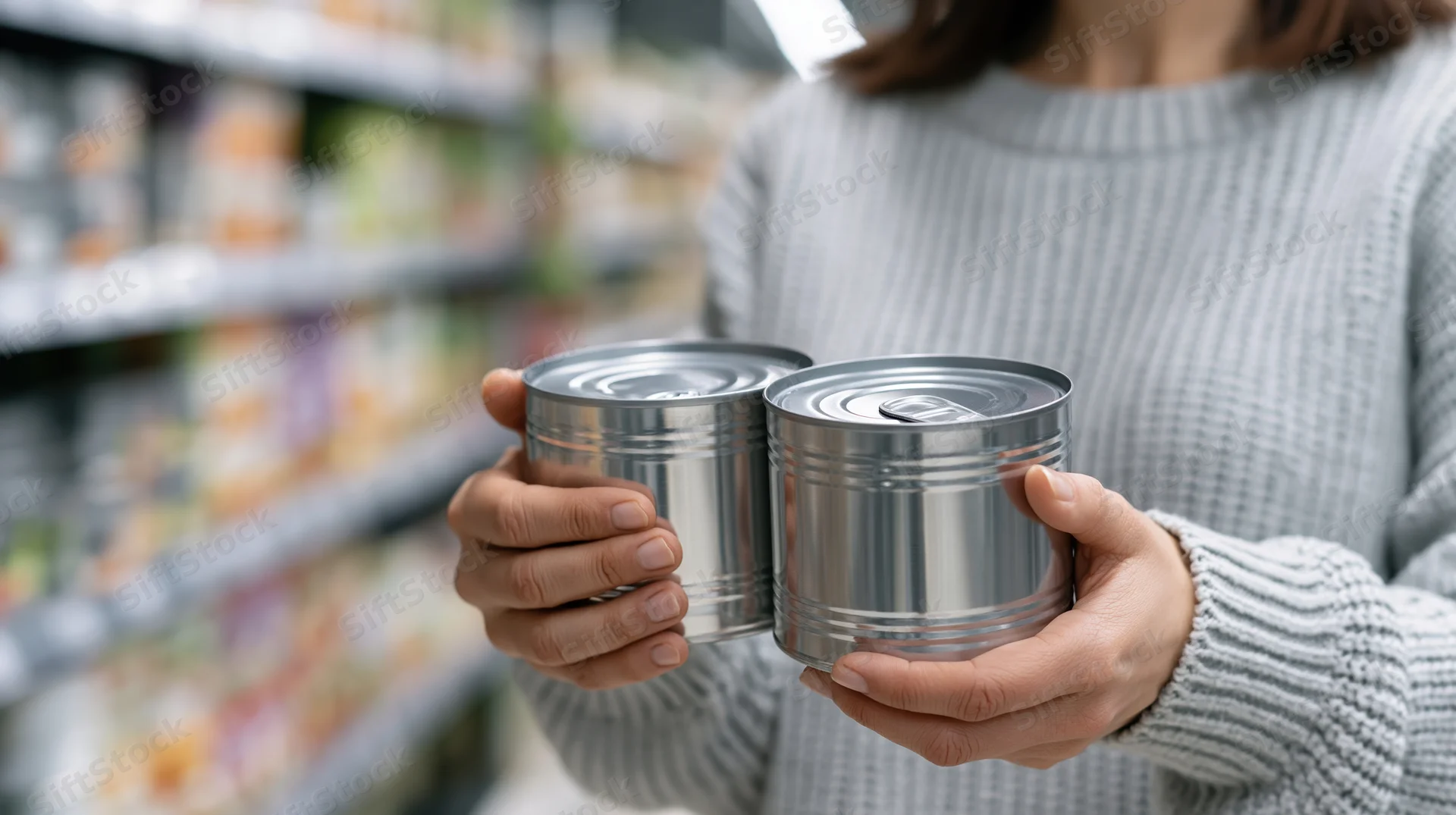 Woman holding two metal cans in a grocery store aisle