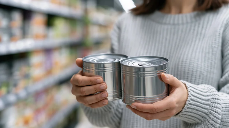 Woman holding two metal cans in a grocery store aisle
