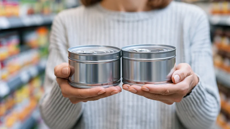 Woman holding two metal cans in a grocery store aisle for comparison