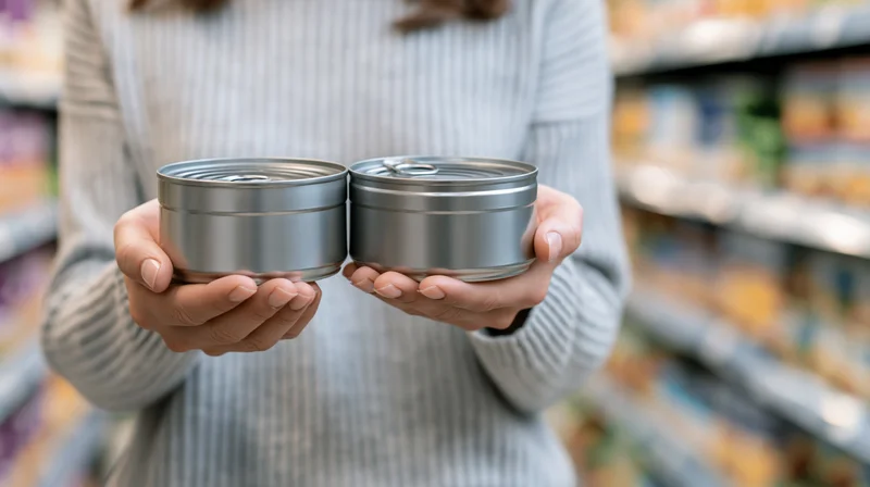 Woman holding two metal cans in a grocery store aisle for comparison