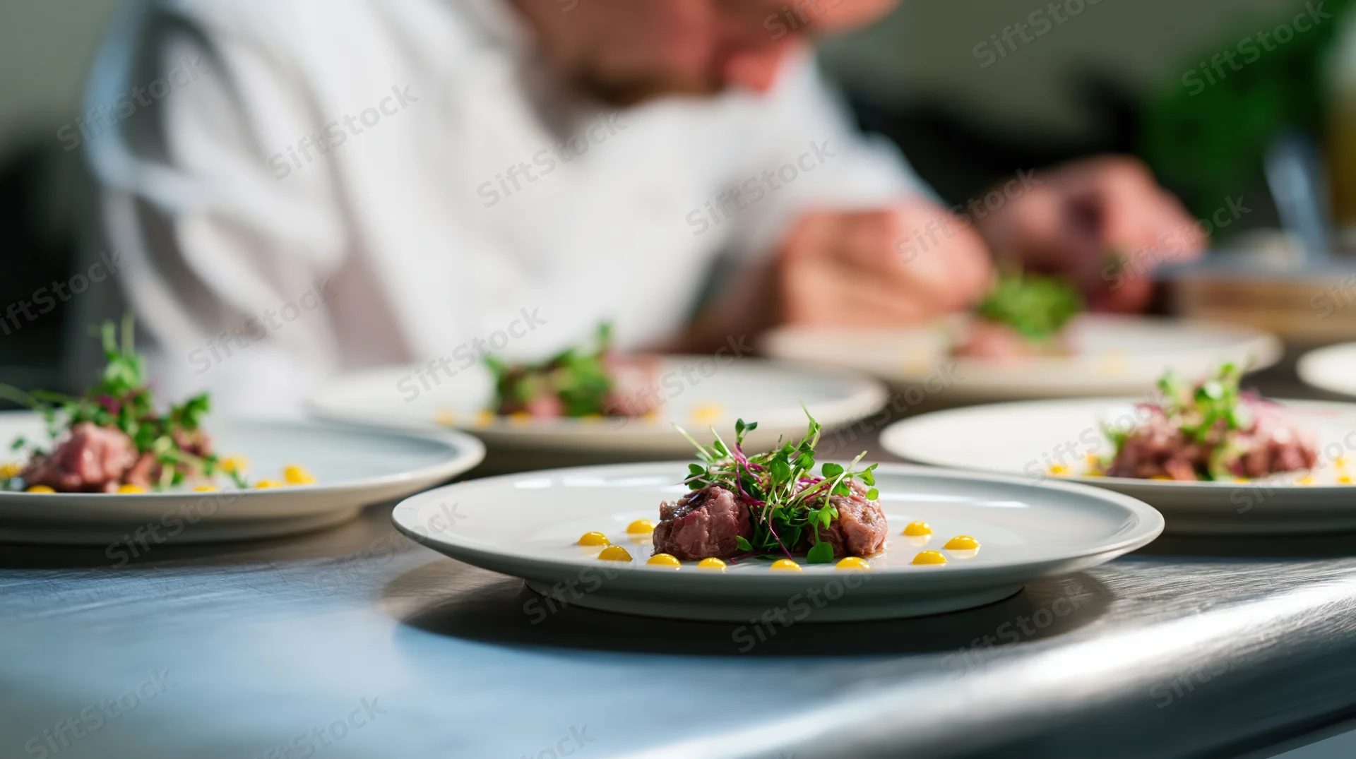 Chef plating gourmet dishes on stainless steel countertop