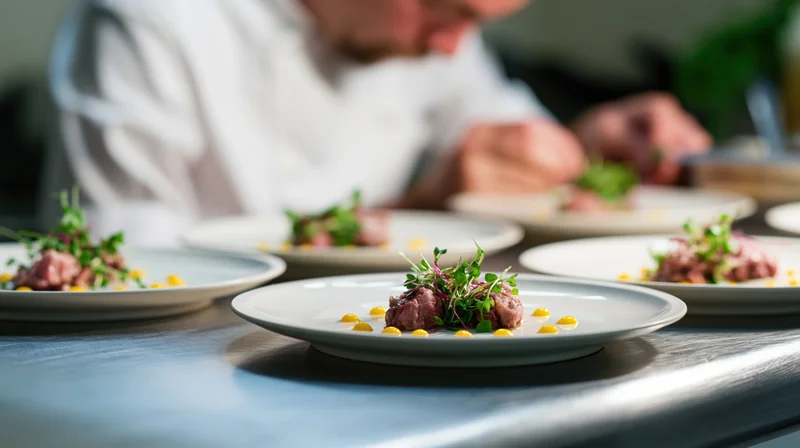Chef plating gourmet dishes on stainless steel countertop