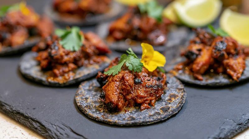 Al pastor tacos with charred pork and cilantro garnish on dark blue corn tortillas served on slate platter