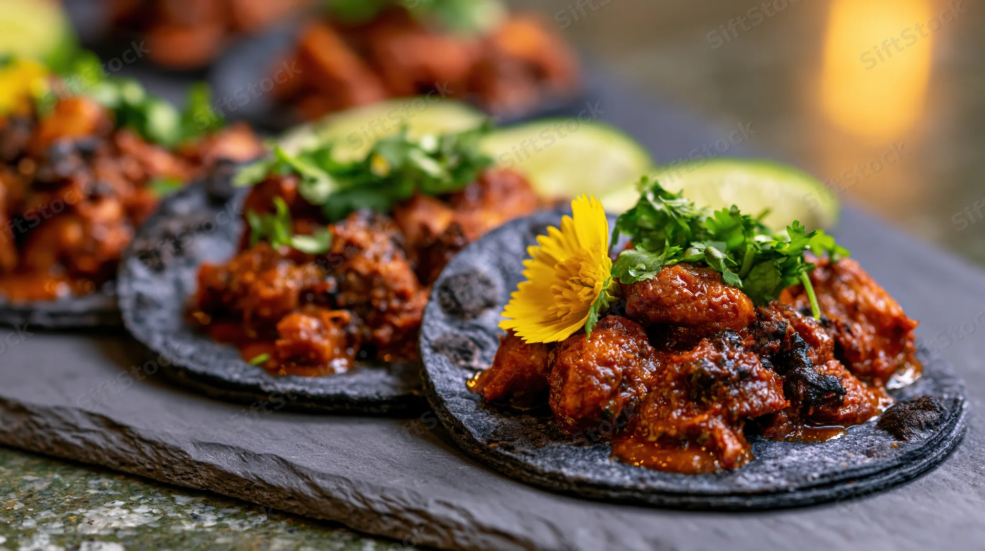 Three al pastor tacos on dark blue corn tortillas garnished with cilantro, lime, and a yellow flower on a slate plate