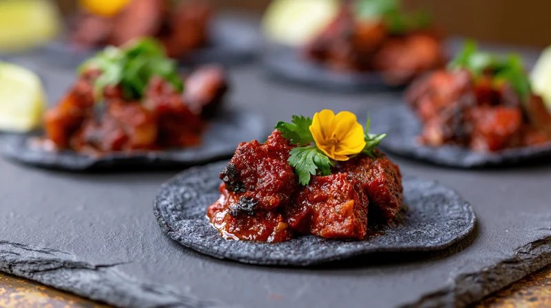 Al pastor tacos on dark blue corn tortillas garnished with cilantro and yellow flower on slate platter