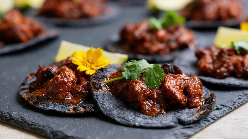 Al pastor tacos on dark blue corn tortillas with cilantro and lime garnish on slate platter