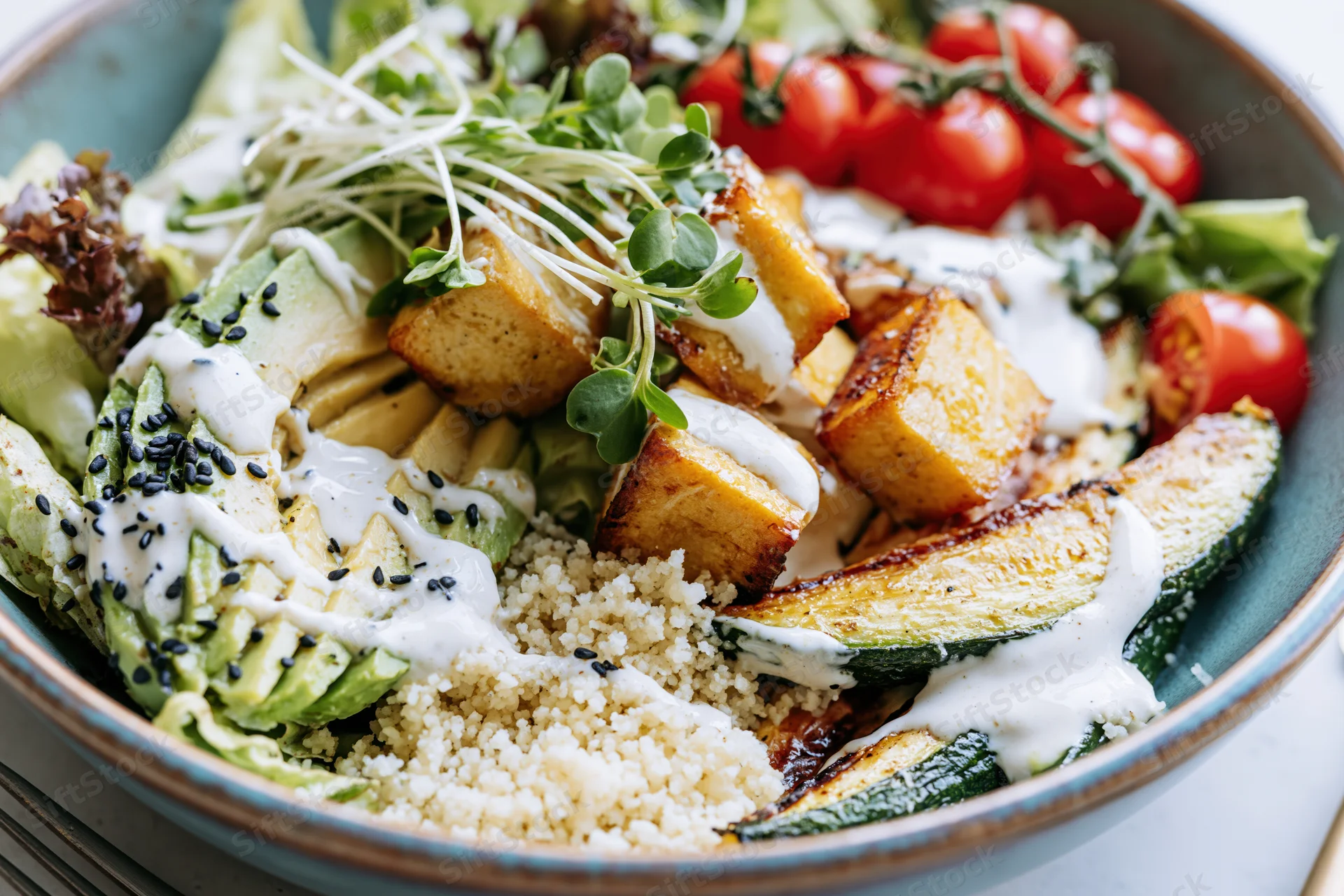Close-up overhead view of a vegan buddha bowl with quinoa, avocado, tofu, zucchini, cherry tomatoes, microgreens, and sesame seeds in a ceramic bowl