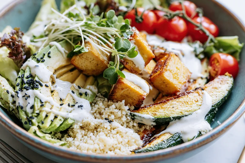 Close-up overhead view of a vegan buddha bowl with quinoa, avocado, tofu, zucchini, cherry tomatoes, microgreens, and sesame seeds in a ceramic bowl