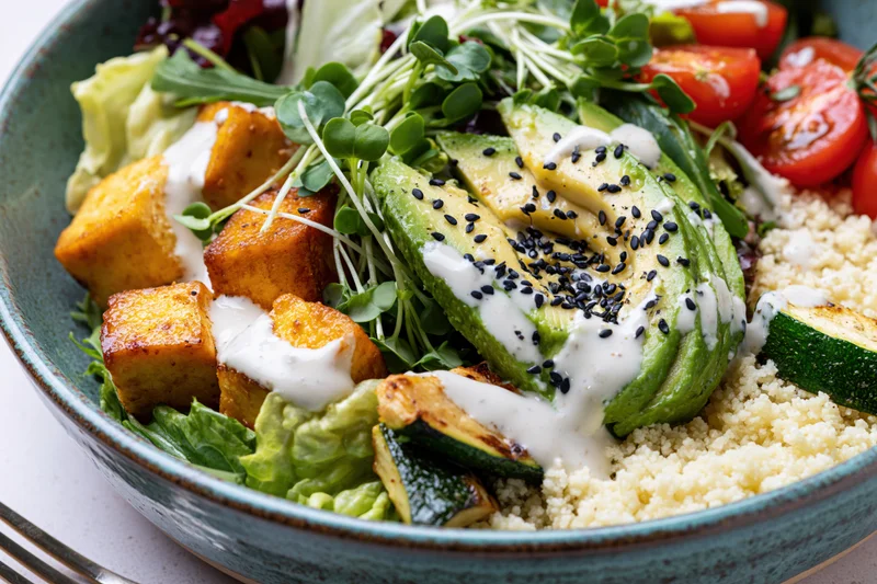 Close-up overhead view of a vegan buddha bowl with avocado, quinoa, tofu, zucchini, cherry tomatoes, microgreens, and sesame seeds in a textured ceramic bowl