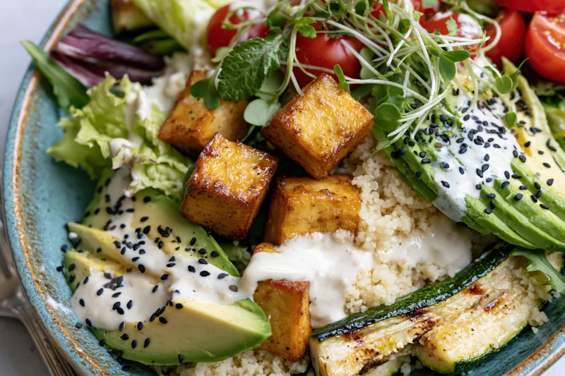 Close-up overhead view of a vegan buddha bowl with tofu, avocado, quinoa, zucchini, cherry tomatoes, microgreens, and sesame seeds in a ceramic bowl