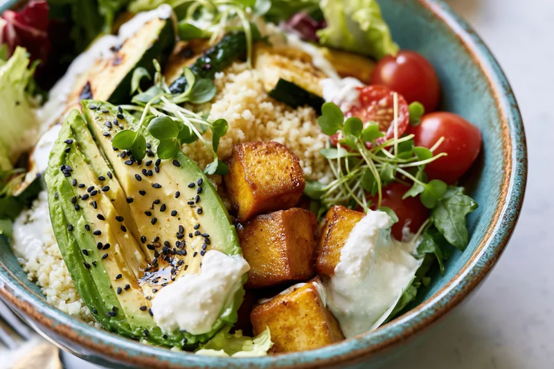Close-up of a vegan buddha bowl with avocado, quinoa, tofu and vegetables in a teal ceramic bowl