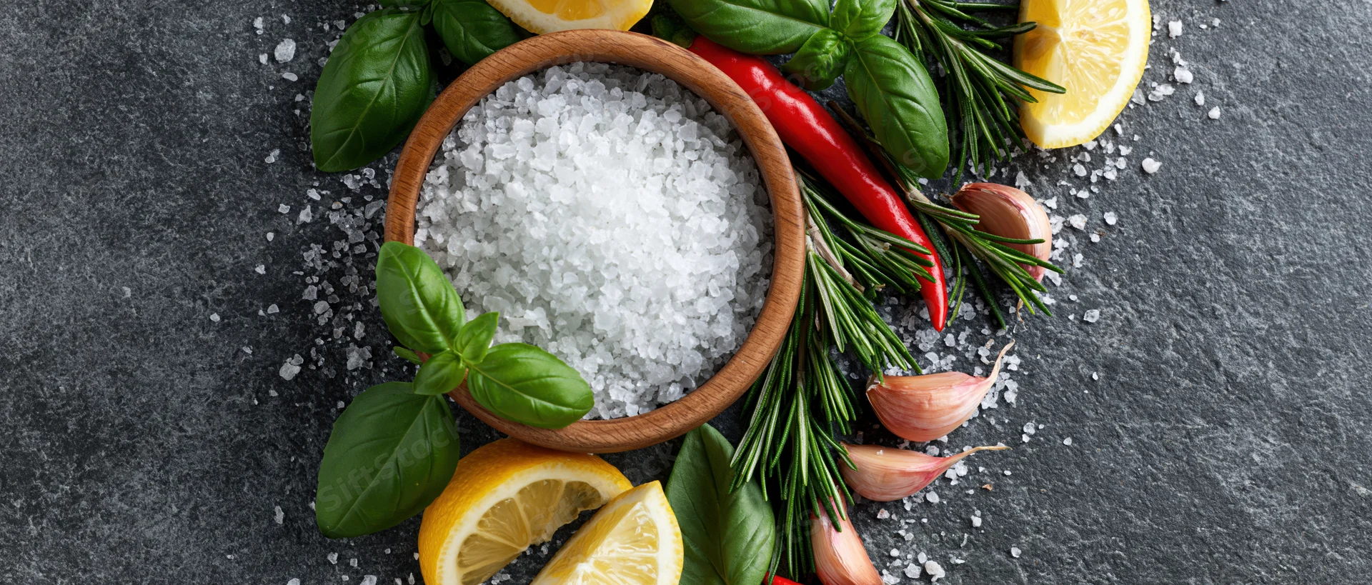 Coarse sea salt in a wooden bowl surrounded by fresh herbs and spices on a dark slate surface