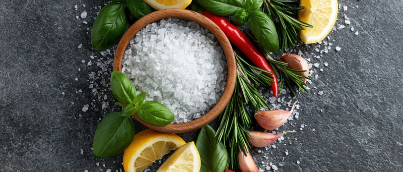 Coarse sea salt in a wooden bowl surrounded by fresh herbs and spices on a dark slate surface