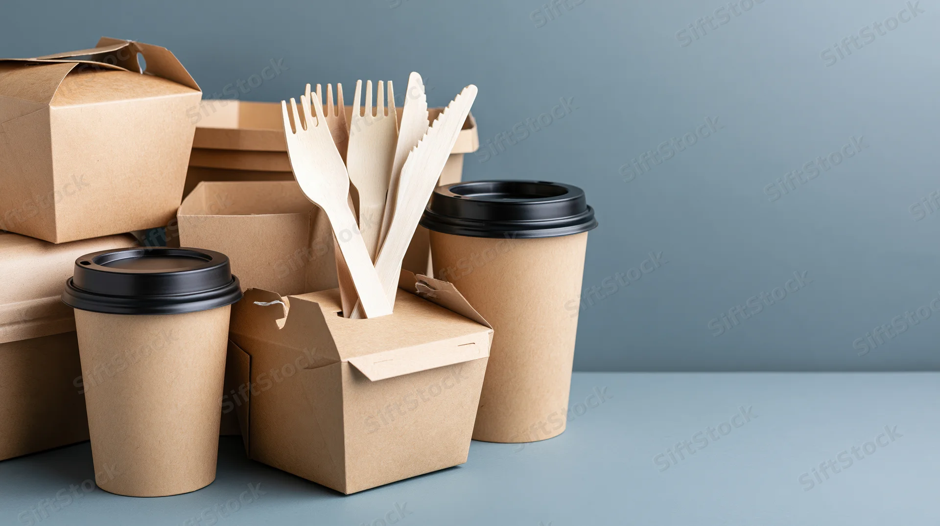 Kraft paper takeaway containers and cutlery arranged on a gray surface with copyspace