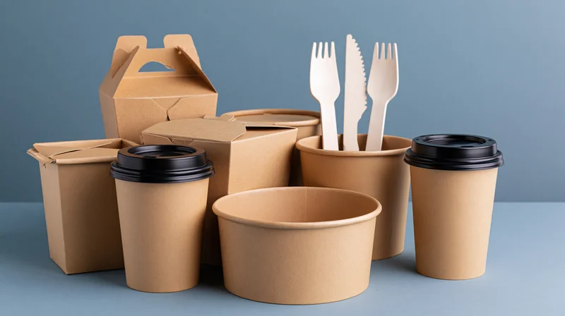 Kraft paper takeaway containers and utensils arranged on a blue surface
