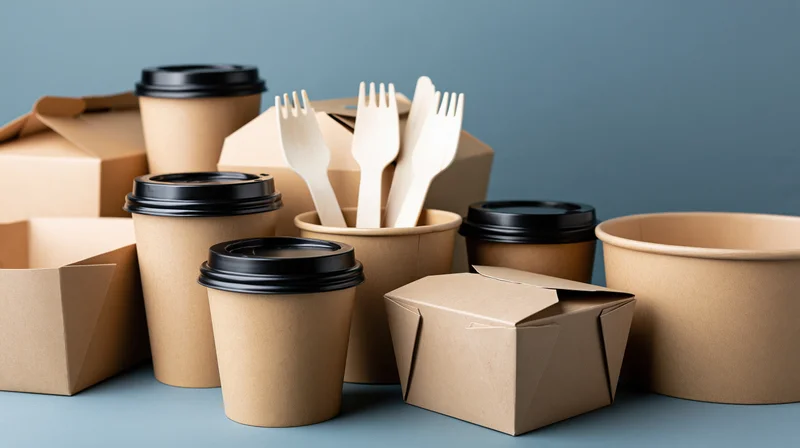 Kraft paper takeaway containers and cutlery arranged on a blue surface