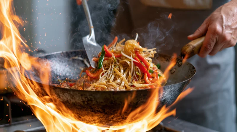 Chef tossing stir-fried noodles in a carbon steel wok over open flames in a kitchen
