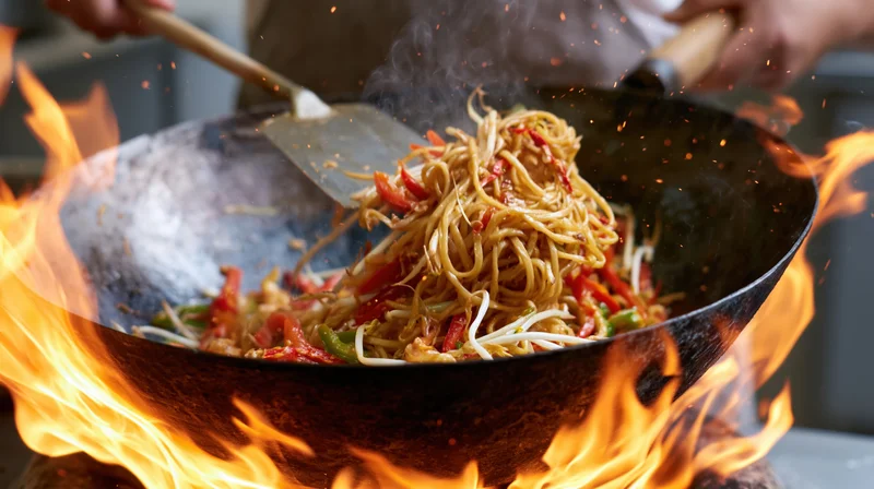 Chef tossing stir-fried noodles in a carbon steel wok over flames