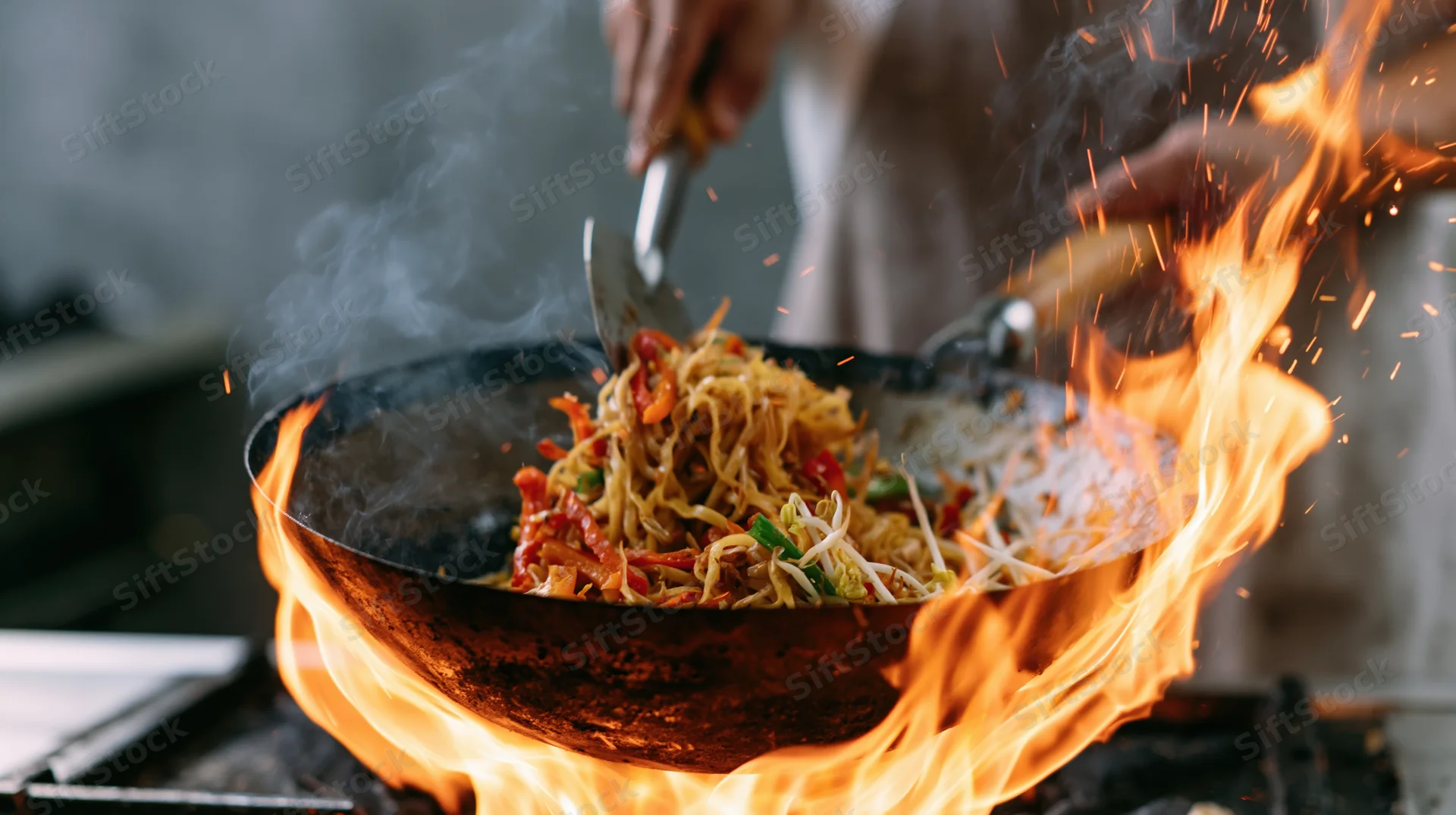 Chef tossing stir-fried noodles in a carbon steel wok over open flame