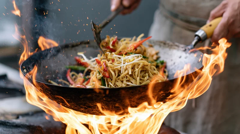 Chef tossing stir-fried noodles in a carbon steel wok over open flames