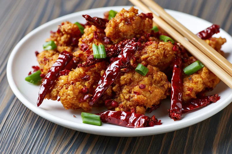 Crispy fried chicken pieces with dried red chili and green onions on a white plate with chopsticks on a wooden table
