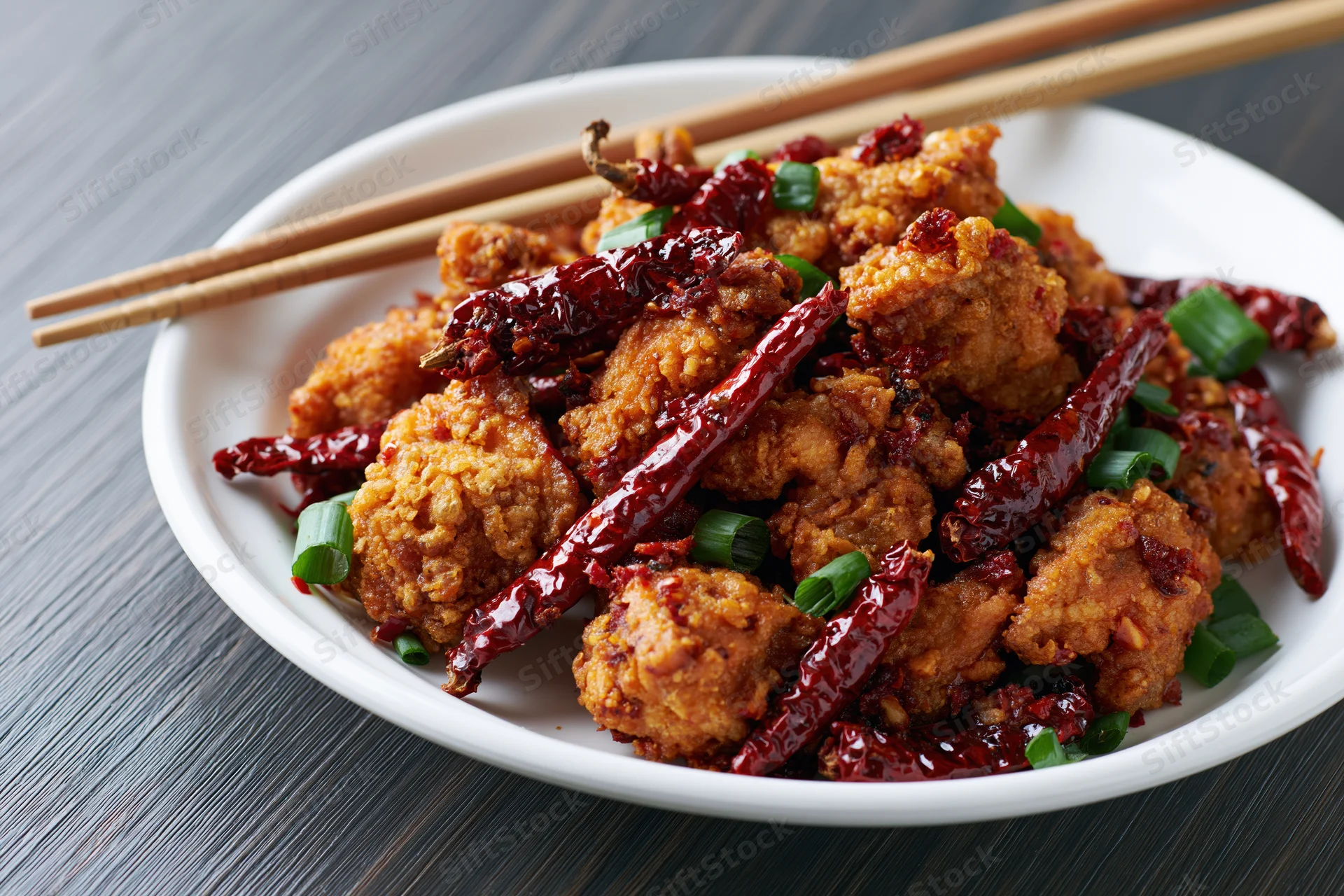 Crispy fried chicken pieces with dried red chilies and green onions on a white plate with chopsticks on a dark wooden table