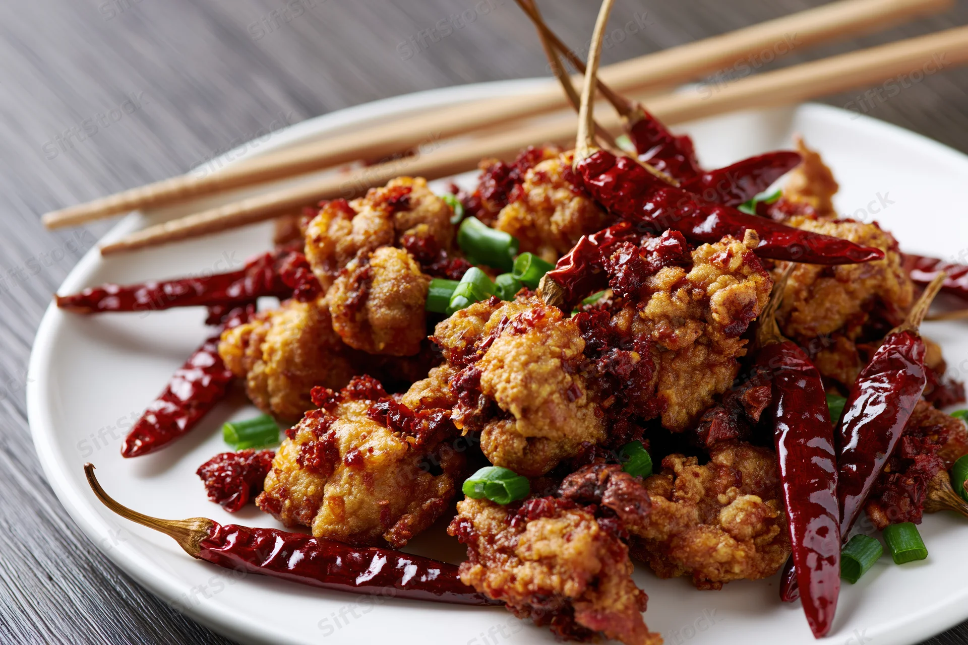 Crispy fried chicken pieces with dried red chilies and green onions on a white plate with chopsticks on a gray wooden table
