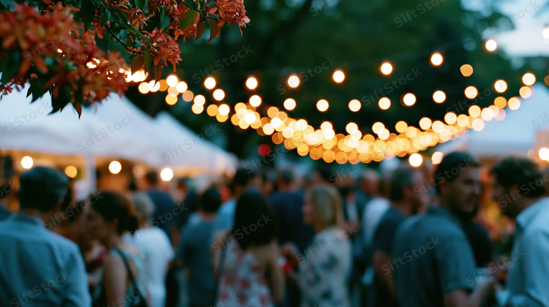 Crowd of people mingling at an outdoor evening festival under string lights and tents