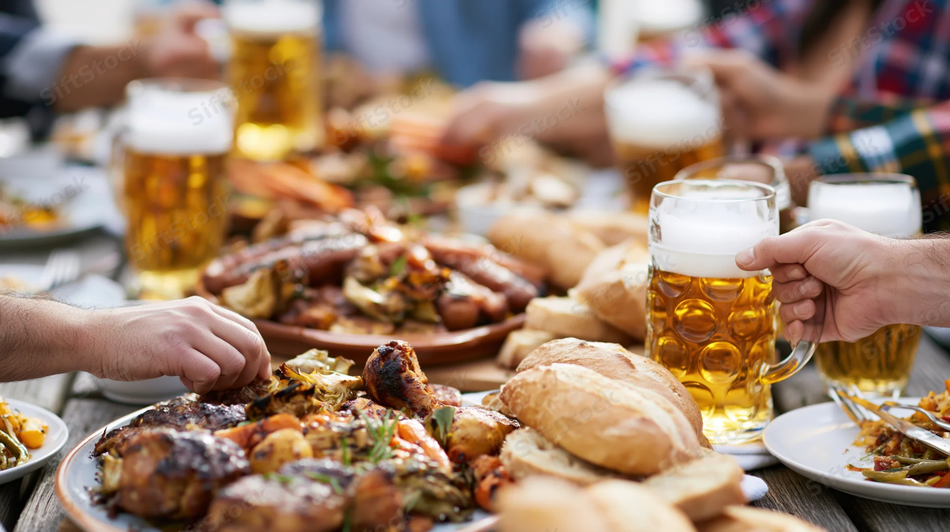 Hands reaching for grilled meats and bread on a wooden table with beer mugs at an outdoor gathering
