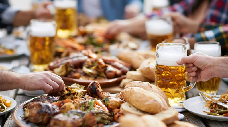 Hands reaching for grilled meats and bread on a wooden table with beer mugs at an outdoor gathering