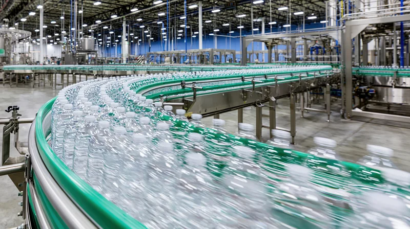 Clear plastic water bottles moving along a curved green conveyor belt in a large industrial factory