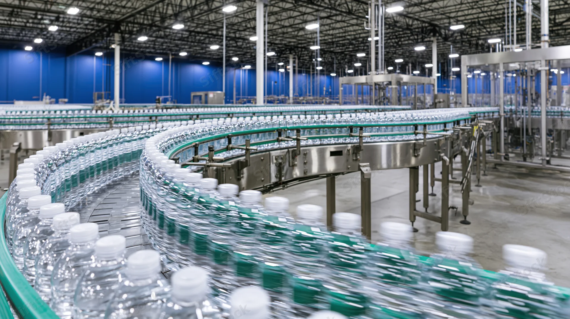 Clear plastic water bottles moving on a curved conveyor belt inside a large industrial bottling factory
