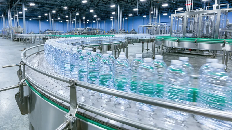 Clear plastic water bottles moving along a curved conveyor belt in a large industrial bottling factory
