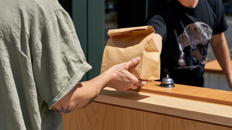 Customer receiving takeout food in a paper bag at a restaurant counter