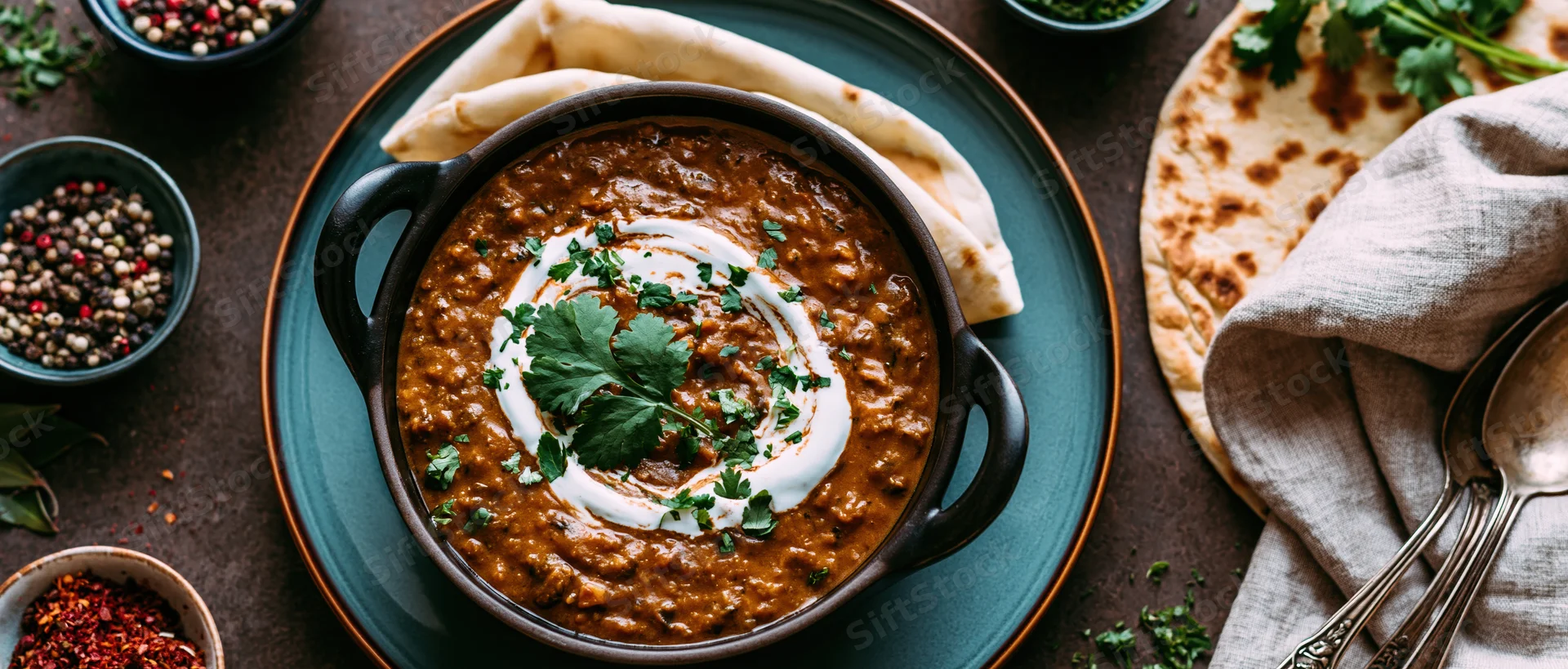 Dal makhani in a dark cast iron bowl topped with cream swirl, served with naan on a dark surface, surrounded by spices and garnishes, overhead view