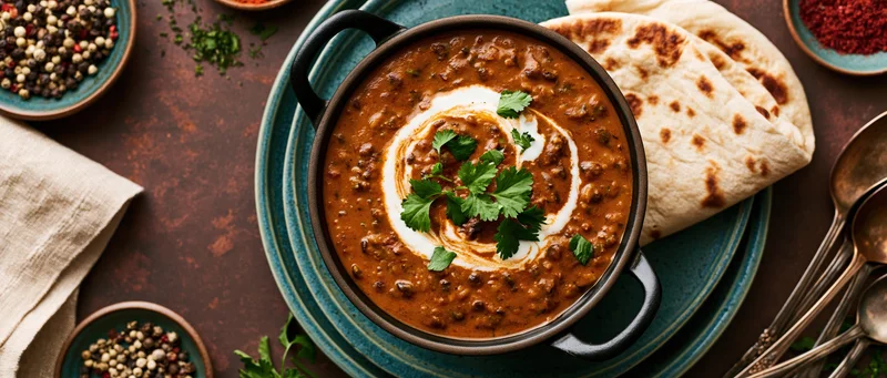 Dal makhani in a dark cast iron bowl topped with cream swirl and cilantro, served with naan on a rustic table