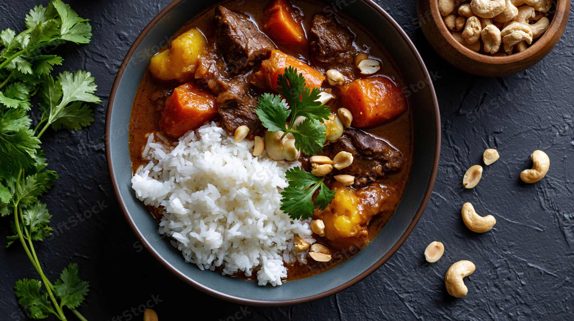 Beef and vegetable stew with white rice in a dark ceramic bowl, garnished with cilantro and cashews, arranged on a