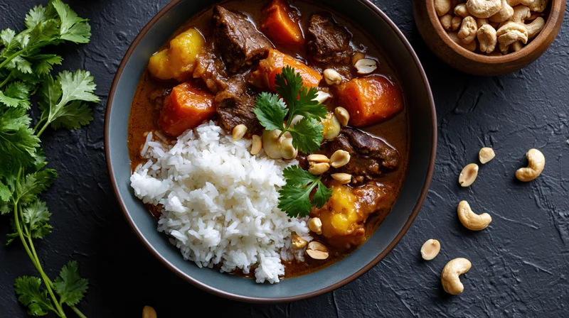 Beef and vegetable stew with white rice in a dark ceramic bowl, garnished with cilantro and cashews, arranged on a