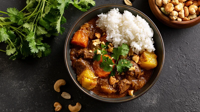 Dark ceramic bowl of beef and vegetable stew with steamed rice and cilantro garnish on textured black surface