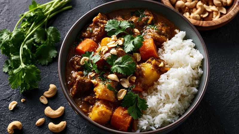 Beef and vegetable curry with rice and cilantro garnish in a dark ceramic bowl on a black surface