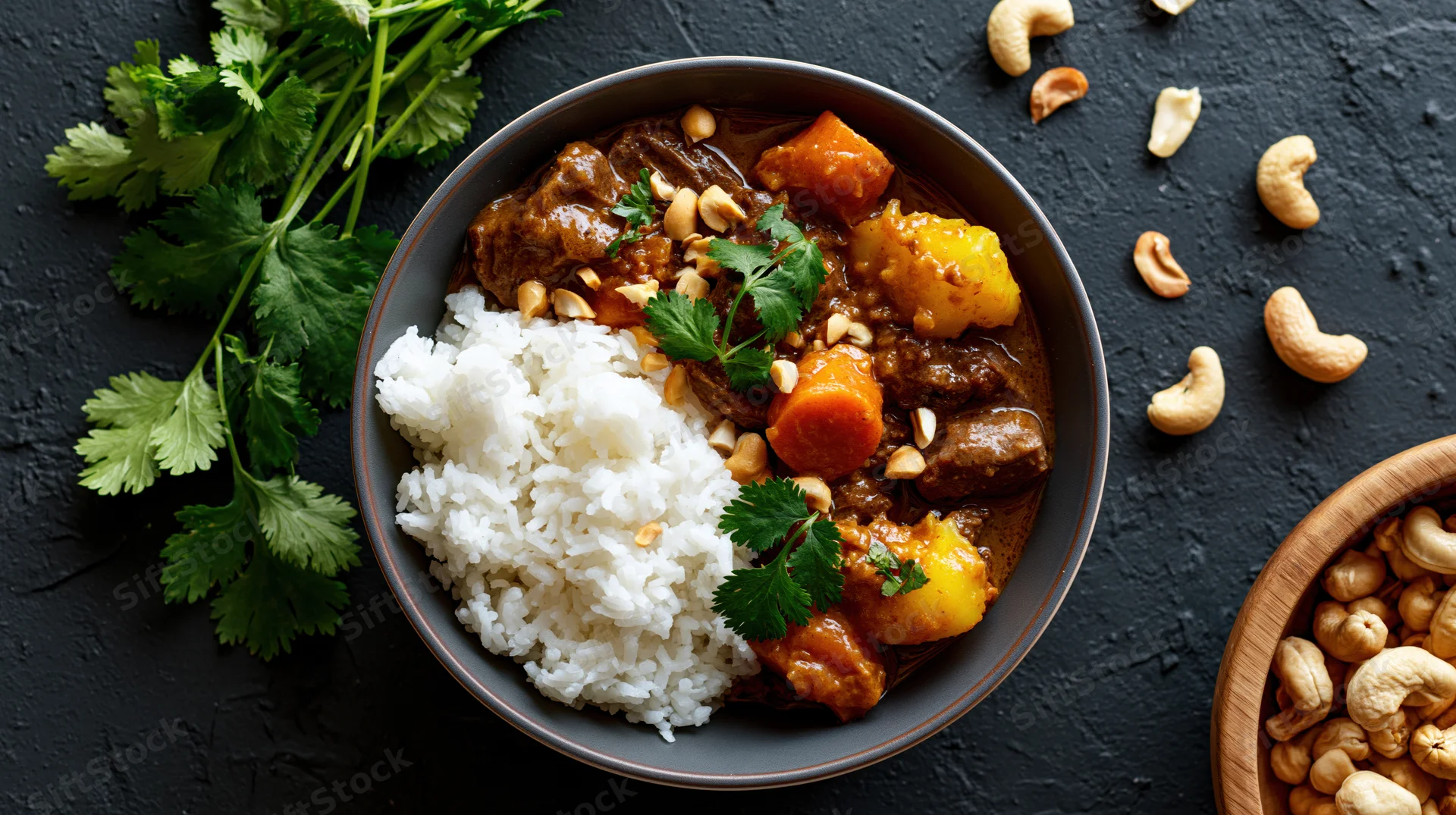 Bowl of beef and vegetable curry with rice and cashews on dark surface
