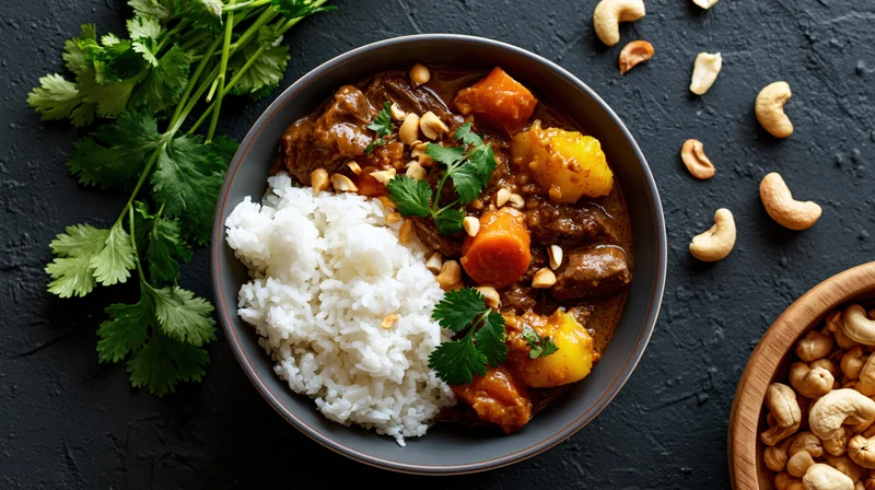 Bowl of beef and vegetable curry with rice and cashews on dark surface