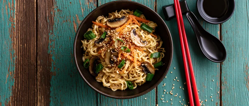 Dark ceramic bowl of ramen noodles with mushrooms and vegetables on a teal wooden table, accompanied by red chopsticks and a black spoon